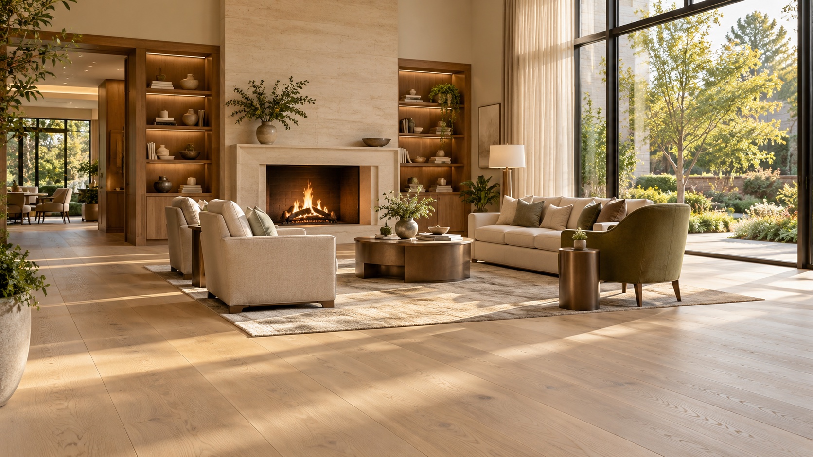Design visualization of an elegant senior living lounge with pale oak flooring, limestone fireplace, and warm natural light